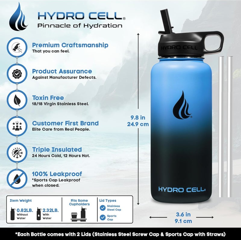 HYDRO CELL Stainless Steel Insulated Water Bottle with Straw - For Cold & Hot Drinks - Metal Vacuum Flask with Screw Cap and Modern Leakproof Sport Thermos for Adults (Blue/Black 32oz) - Image 2